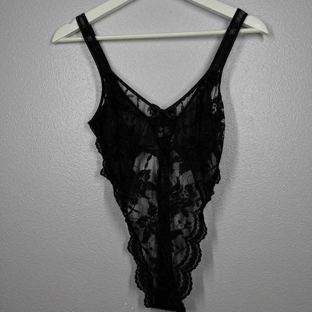 Victoria's Secret Vintage Gold Crown Label Black Lace G String Thong Teddy S